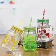 ﹍►500ml New Transparent Mason Jar Glass Mug Bottle Summer Collection Glassware With Reusable Straw