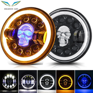 กะโหลก7นิ้วไฟหน้า LED DRL Hilo Beam H4 180W รัศมีวงแหวนอำพันตานางฟ้าสำหรับรถจี๊ป Lada ออฟโรด4X4กางเก