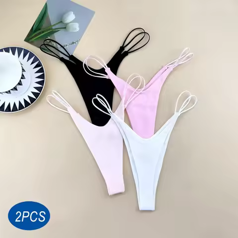2PCS/Set Strappy Plus Size Two Layers Cotton G Strings Panties for Women Low Rise Solid Color Pink T