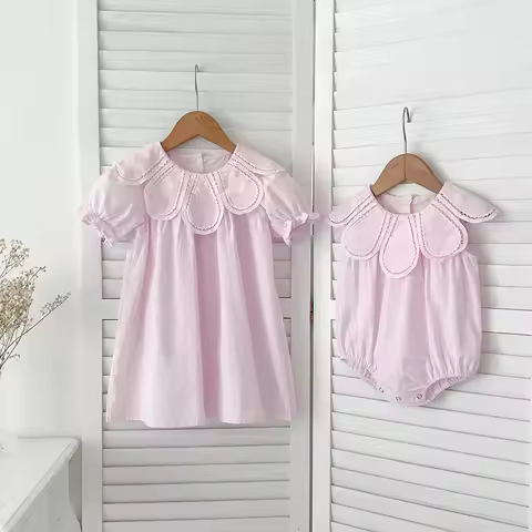 Summer Girls' Princess Dress Baby Romper Outfit Floral Embroidery Birthday Party Sibling Matching Se