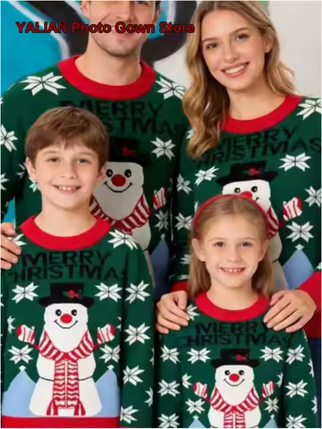European American Style Christmas Family Outfit Snowman Pattern Pullover Sweater Solid Color