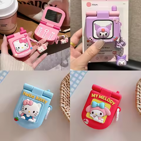 For Airpods 4 3 2 1 Case Cute Sanrio Hello Kitty Kuromi Melody 3D Flip Telephone Silicone Headset Co