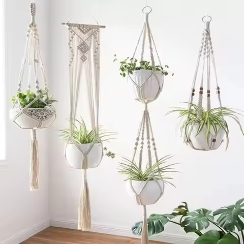 Gardening Plant Hanging Basket Handmade Macrame Flowerpot Pocket Cotton Rope Flower Pot Indoor Home 