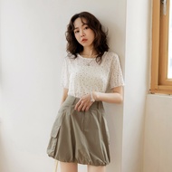 OB Strictly Selected Transparent Lace Jacquard Elastic Short-Sleeved Top < AB21351 >