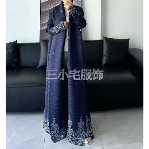 Miyake Pleated Autumn New Women's Long Windbreaker Jacket Retro Navy Blue Print Luxurious Party in A