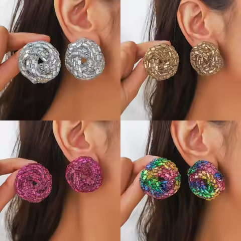 Exquisite Handmade Multicolor Crystal Beads Round Stud Earrings for Women Bohemia Geometric Seed Bea