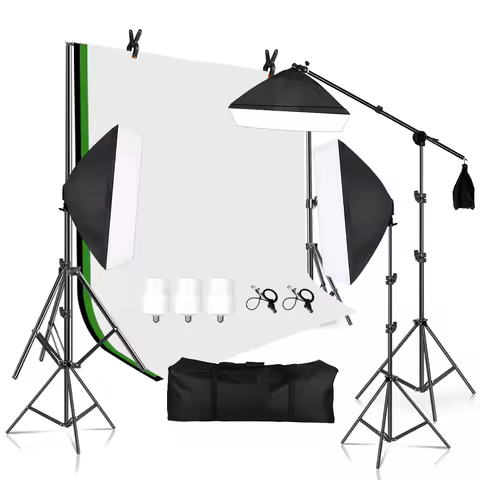 Photography Studio 2x2M Stand Softbox 20W Lighting Kits Photo Green Screen with 1.6X2M Muslin Backdr