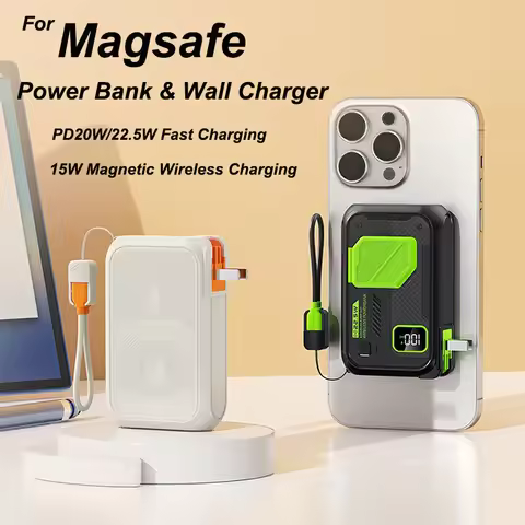 20000mAh Magsafe Power Bank with Cable AC Plug Wall Charger 22.5W Fast Charging Powerbank for iPhone