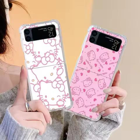 Hello Kitty Bow Case For Samsung Galaxy Z Flip 4 3 5 5G Funda Z Flip4 Clear PC Hard Luxury Back Phon