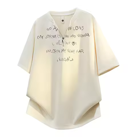 Men's Waffle Knit Half Zip VNeck Rock Style Handwritten Slogan Print Loose Fit Short Sleeve TShirt R