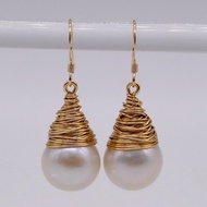 Water Drop Pearl ต่างหูสีขาวธรรมชาติรอบ Pearl Gold ต่างหู DIY Handmade Pearl Drop ต่างหูผู้หญิง Gold