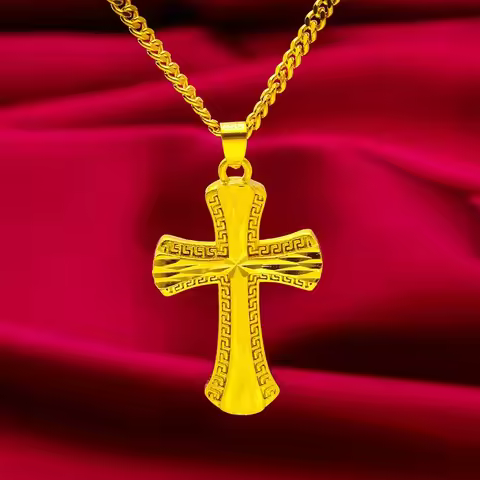 9999 24K Real Gold Classic Men's Domineering Cross Necklace Men's and Women's Chain Cross Pendant