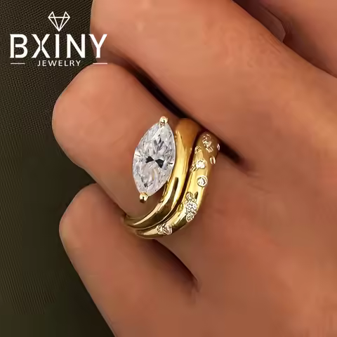 BXINY 2CT Marquise All Moissanite Ring Set S925 Silver Plated 18K Gold for Women Stackable Lab Diamo