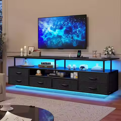 TV Stand or 65 70 Inches TV with LED Lights & Power Outlets, Entertainment Center with Open Shelves 
