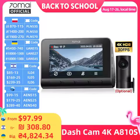70mai A810S 4K Dash Cam IMX678 Dual HDR Supercapacitor 4G LTE Remote Control Wi-Fi 6 5GHz Voice Cont