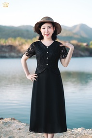 Đầm xòe trung niên cho mẹ - Cổ tim kết nút tay ngắn - Đen - TTV Store thời trang nữ TTV1878
