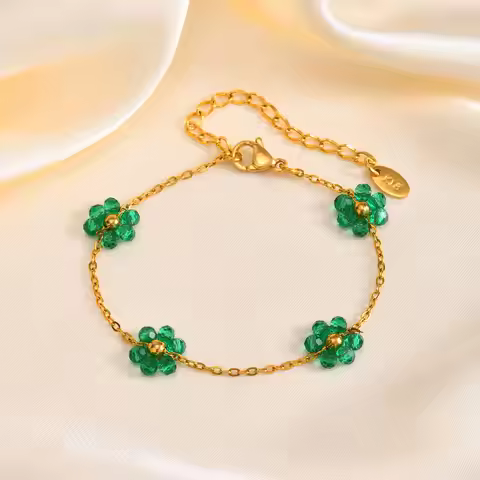 Stainless Steel Bracelet Flat Rolo Chain Imitation Pearl Flower Glue Gint Green Millet Bead Bracelet