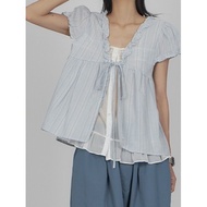 Codibook | Korea EEZEE Straight Stripe Lotus Leaf Short-Sleeved Shirt Set SH015 [Pre-Order] Chiffon 