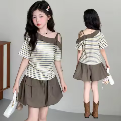 Summer Teenage Girls Suits Fashion One-Off Shoulder Striped Top+Bloomer Shorts Children's Clothing T