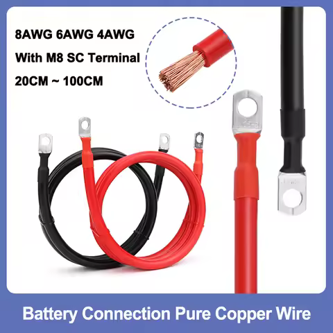10/20/50/100CM Battery Cable 8 6 4 AWG Stranded RV Pure Copper Wire with M8 Tinned Copper SC Termina