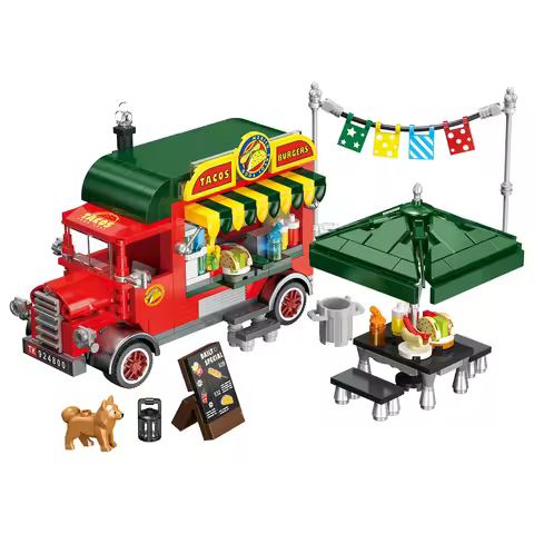 JJ9248 Street Scene Food Truck Building Blocks DIY Model Miniature Desktop Decor Adult Collectible G