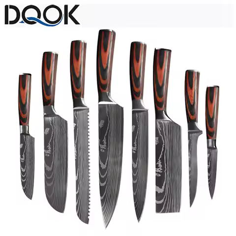 Chef knife 1-10 Pcs Set Kitchen Knives Laser Damascus Pattern Sharp Japanese Santoku Knife Cleaver S