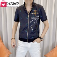 Yushu Trendy Cardigan T-shirt Short-sleeved Mens 2022 Summer Handsome Stand-up Collar Fashion Casual