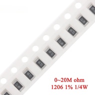 100pcs 1206 SMD Resistor 1% 1/4W 0.01R~20M 0.01 0.3 0.47 0.91 1.5 5.1 9.1 10 30 56 68 100 820R 1.2K 