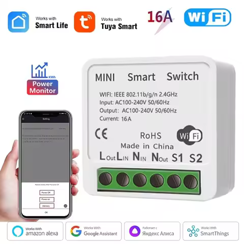 16A Tuya WiFi Smart Switch 2-way Control with Power Monitor Switch Mini Smart Breaker Smart Life Con