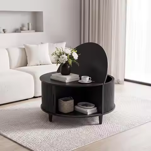 Coffee Tables for Living Room, 31.5" Round Coffee Table with Storage, Black Mid Century Modern Cente