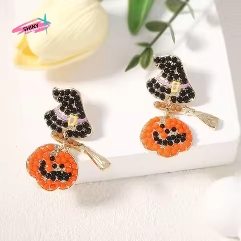 Aesthetic Rhinestone Halloween Earrings Trick Ghost Pumpkin Ear Studs Pendant Skull Spider Dangle Ea