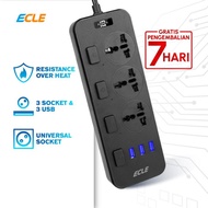 ECLE Power Strip Stop Kontak 3 Power Socket 3 Smart USB Port - Hitam