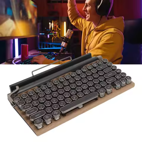 Typewriter Keyboard 83 Keys Vintage Wireless Mechanical Keyboard with Metal Round Blue Switch Mechan