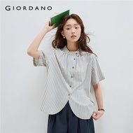 GIORDANO Women Shirts 100% Cotton Pleated Ruffle Stand Collar Shirts Short Sleeve Stripe Simple Fash