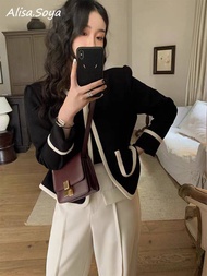 Alisa.sonya เสื้อเบลเซอร์แขนยาวเปิดด้านหน้าคอวีครอปแจ็คเก็ตสีดำที่ทำงาน