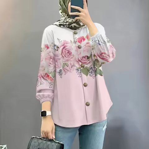 Deepavali Shirts Women's Shirts Long Sleeve Shirt Button Up Puff Flowers Round Neck Affordable Price