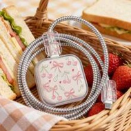 4pcs Pink Cherry Blossom Bow Charger Protector Case, Compatible With Apple 40W/17 Series Chargers