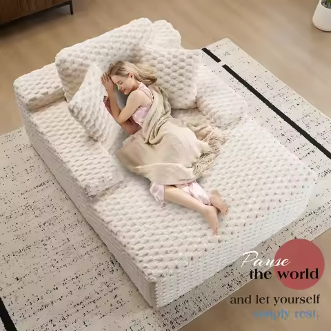 67 Chaise Lounge Sofa, Faux Fur Sleeper Chaise with Armrests and Throw Pillows, No-Assembly Couch fo