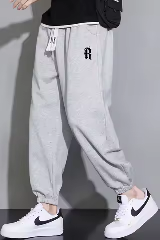 Men's Grey 'R' Embroidered Sweatpants - Loose Fit Joggers with Drawstring Waist & Elastic Cuffs,Tren