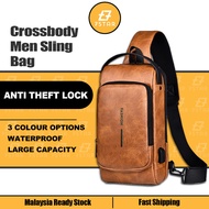 7star Leather Anti-theft Lock Sling Bag Fashion Chest Pack Waterproof USB Crossbody Bag