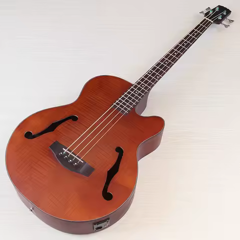 43 Inch 4 Strings Fretless Electric Acoustic Bass Flame Oak F Hole Cutaway Design Matte With EQ With