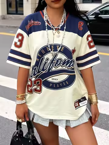 Ladies' California 23 Pattern T-shirt - Summer Loose Color-blocking Design Breathable Street Style T