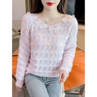Hollow Knit Sweater with Bow Knot - Stylish Women's Spring Wear