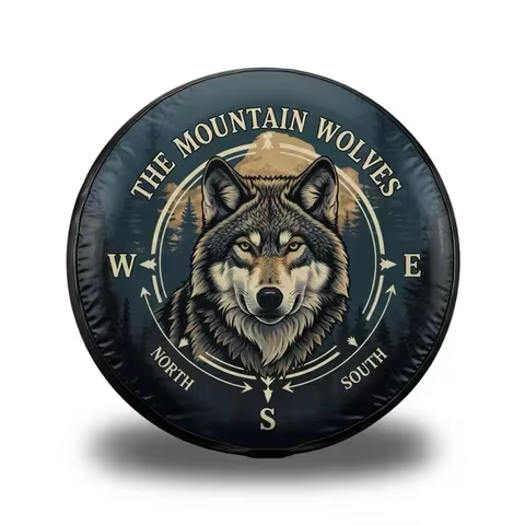 1Pcs Mountain Wolf PU Leather 14", 15",16",17" inch Wolves Spare Tire Tyre Wheel Valve Cover For Mit