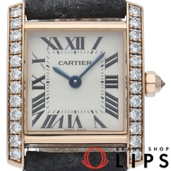 卡地亞 Tank Française SM 女士腕錶，鑲鑽錶圈，型號 WE104531，附原廠錶盒、保固卡，18K 玫瑰金/皮錶帶，銀色，拋光處理，成色極佳 [二手]