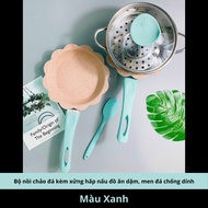 Bộ nồi chảo hoa đá kèm xửng hấp nấu đồ ăn dặm men đá chống dính cao cấp cho bé yêu
