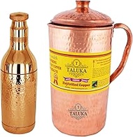 Taluka Copper Hammered Jug 2000 ML with 1 Water Bottle 1700 ML Storage Water Good Health Benefit Yoga Ayurveda Pack of 2