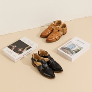 蠟感擦色全真皮羅馬T字編織尖頭低跟鞋