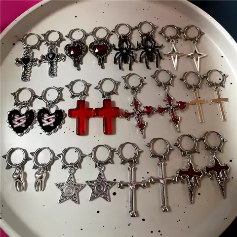 Goth Irregular Heart Cross Spider Spiral Stainless Steel Hoops Earrings Women Men Grunge Y2K Jewelry