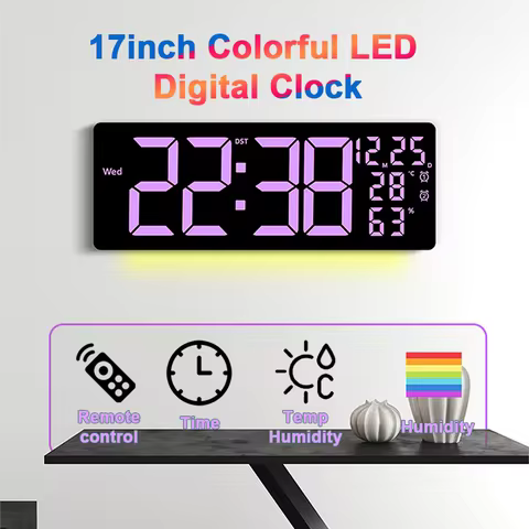 17" RGB Digital Alarm Clock LED Wall Clock with 11Colors&Dynamic RGB Display/Colour Changing/Night L